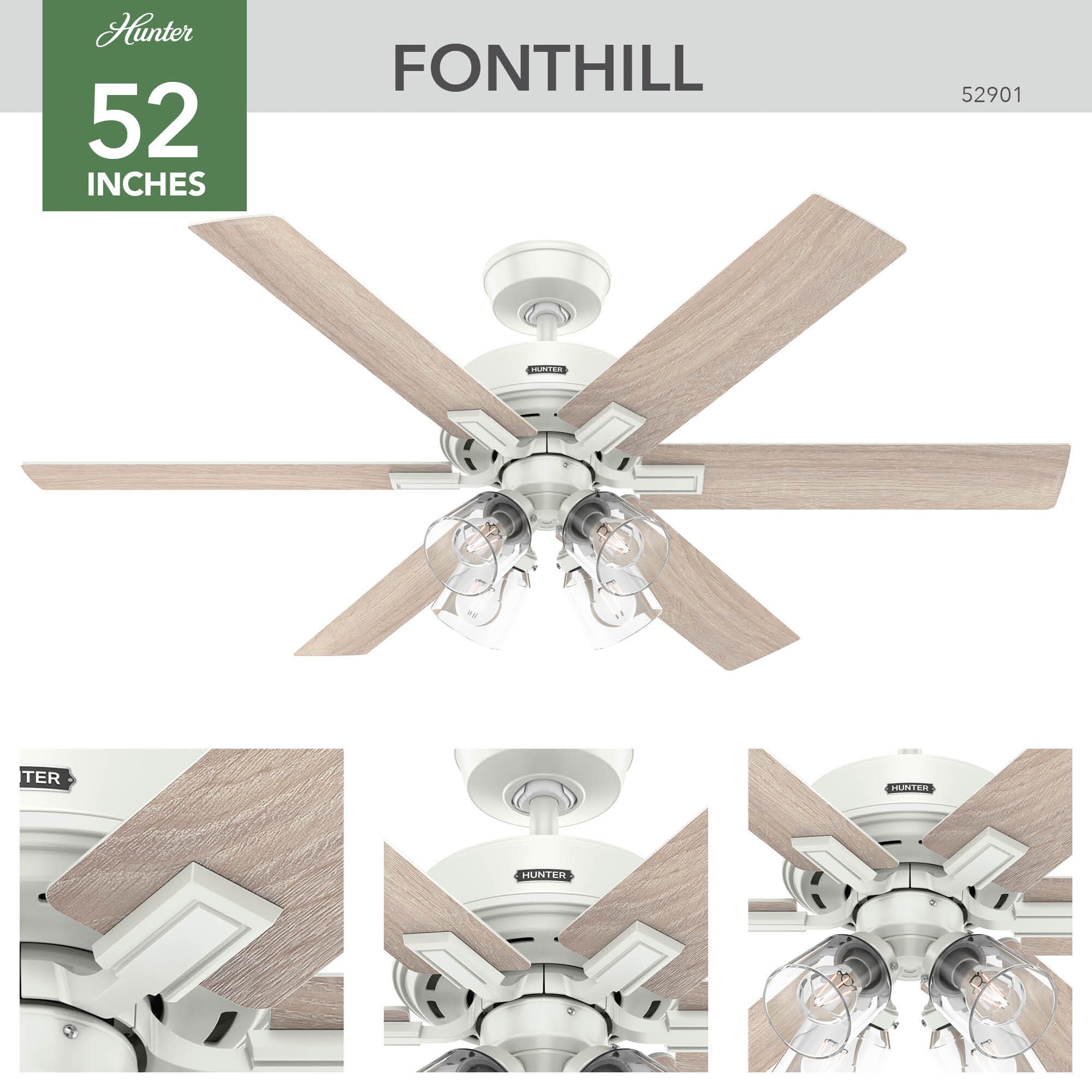 Hunter 52 in. Fonthill Energy Star HunterExpress Ceiling Fan with LED Light Kit & Handheld Remote - Brushed Nickel, Brushed Nickel, hires