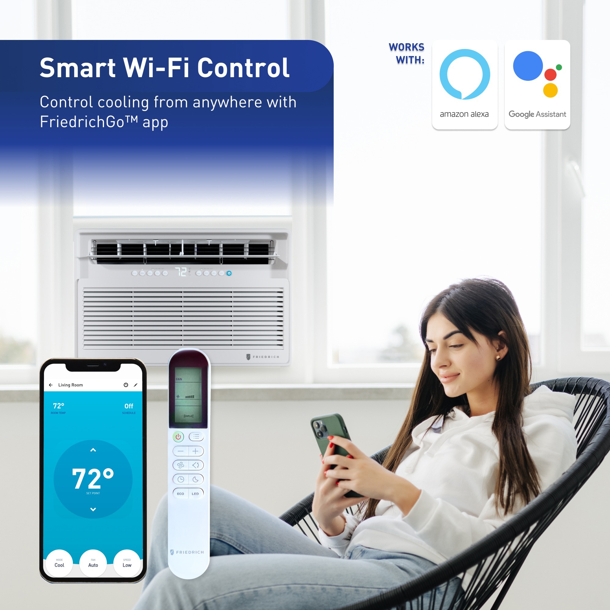 Friedrich Chill Premier Inverter Series 18,000 BTU 230V Smart Window/Wall Air Conditioner with 3 Fan Speeds, Remote Control - White, , hires
