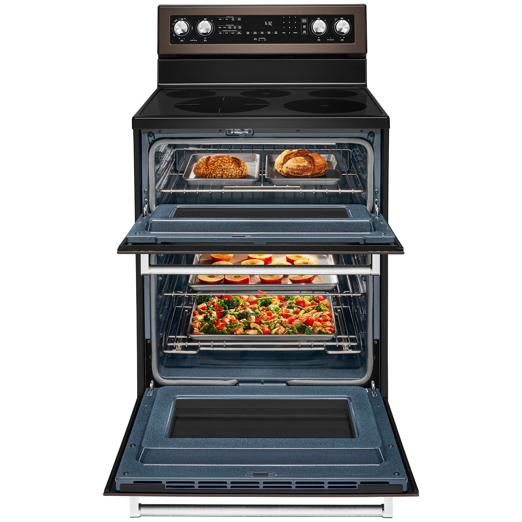 KitchenAid 30 in. 6.7 cu. ft. True European Convection Double Oven Electric Range with Radiant Burners - Black Stainless Steel with PrintShield Finish, , hires