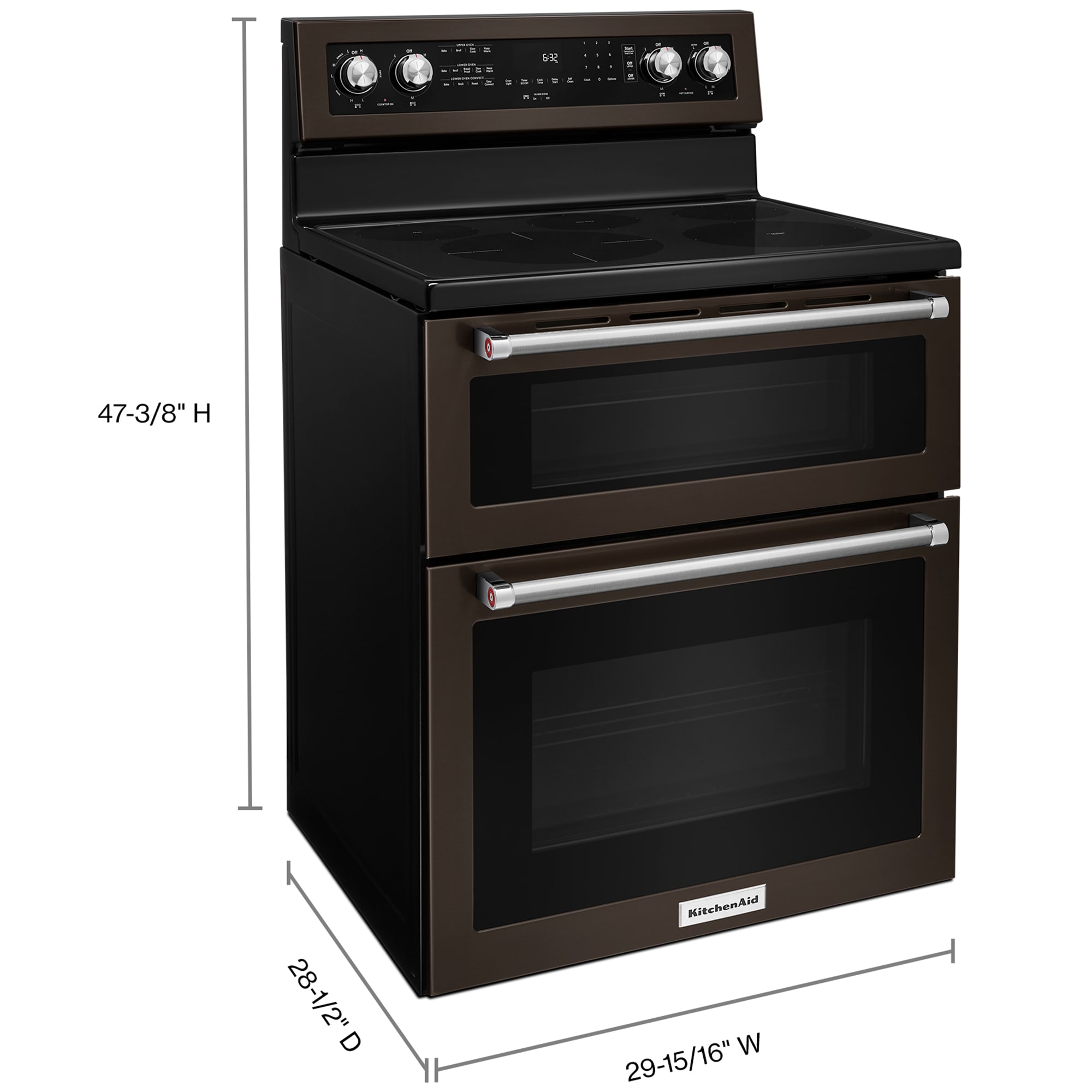KitchenAid 30 in. 6.7 cu. ft. True European Convection Double Oven Electric Range with Radiant Burners - Black Stainless Steel with PrintShield Finish, , hires
