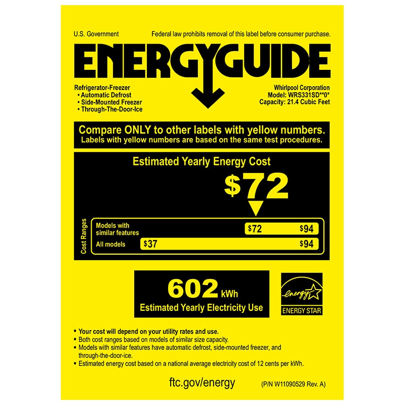 Whirlpool 33 in. 21.4 cu. ft. Side by Side Refrigerator with Ice & Water Dispenser - Monochromatic Stainless Steel, Monochromatic Stainless Steel, hires