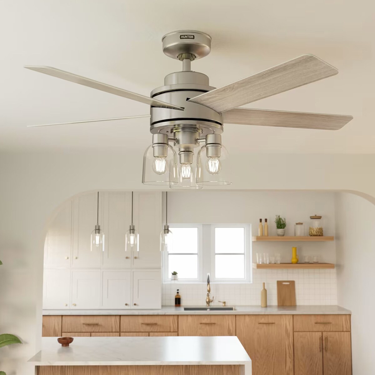 Hunter 52 in. Lochemeade Ceiling Fan with LED Light Kit & Handheld Remote - Brushed Nickel/Light Gray Oak, , hires