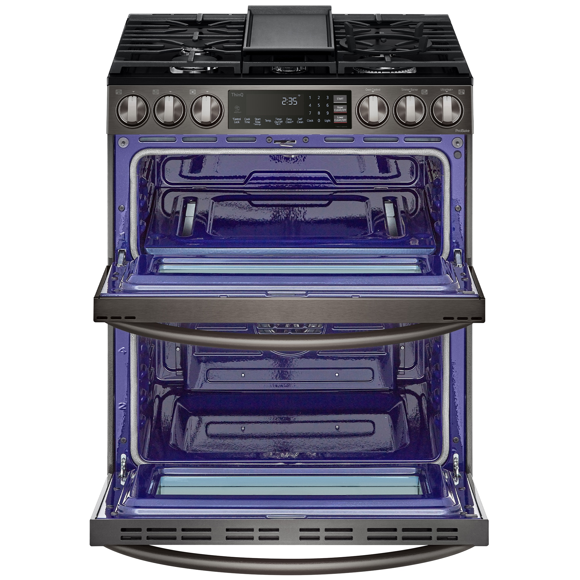 LG InstaView 30 in. 6.9 cu. ft. Smart Air Fry True European Convection Double Oven Slide-In Gas Range with 5 Sealed Burners & Griddle - PrintProof Black Stainless Steel, PrintProof Black Stainless Steel, hires