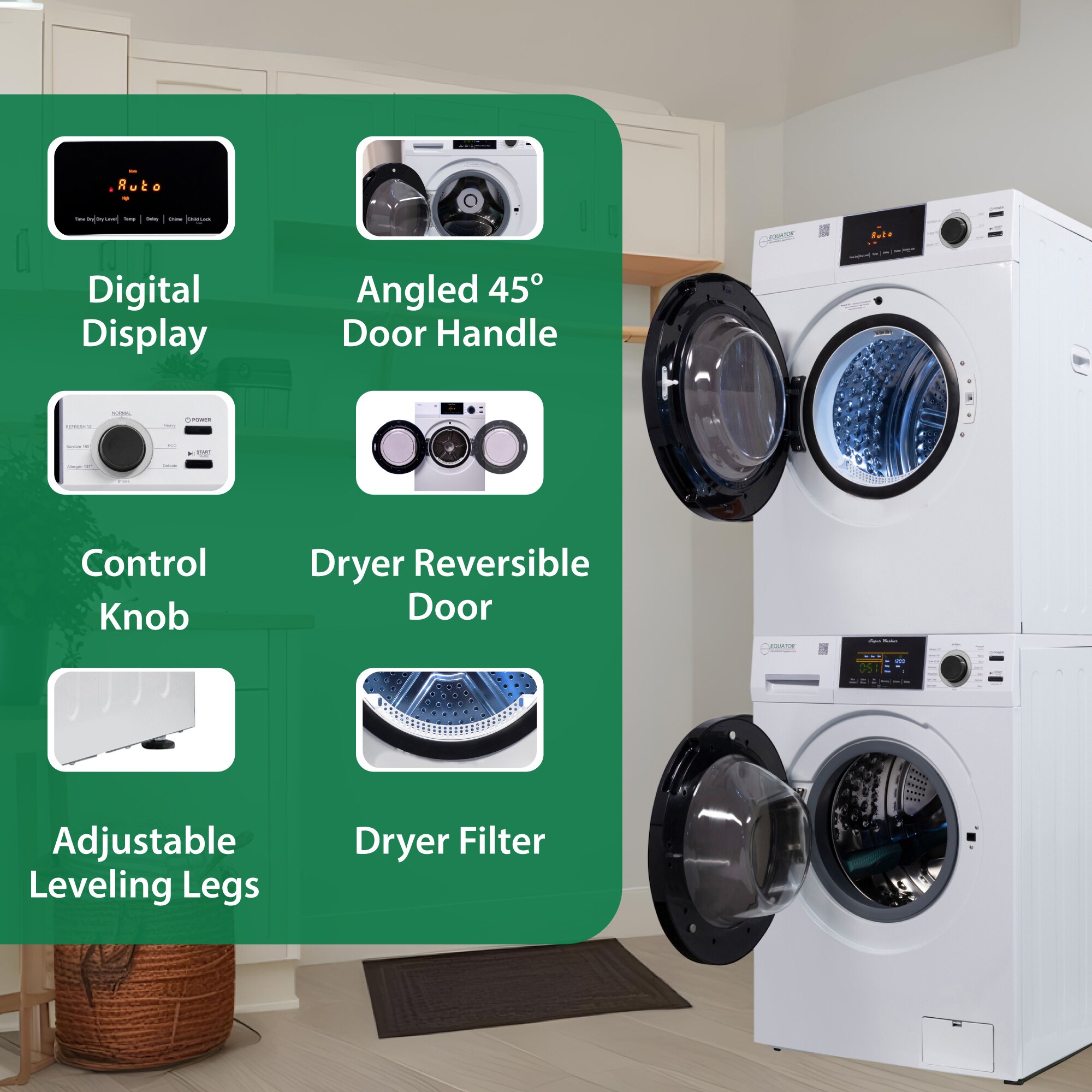 Equator 24 in. 1.9 cu. ft. Electric Front Load Laundry Center with Sanitize Cycle & Sensor Dry - White, , hires