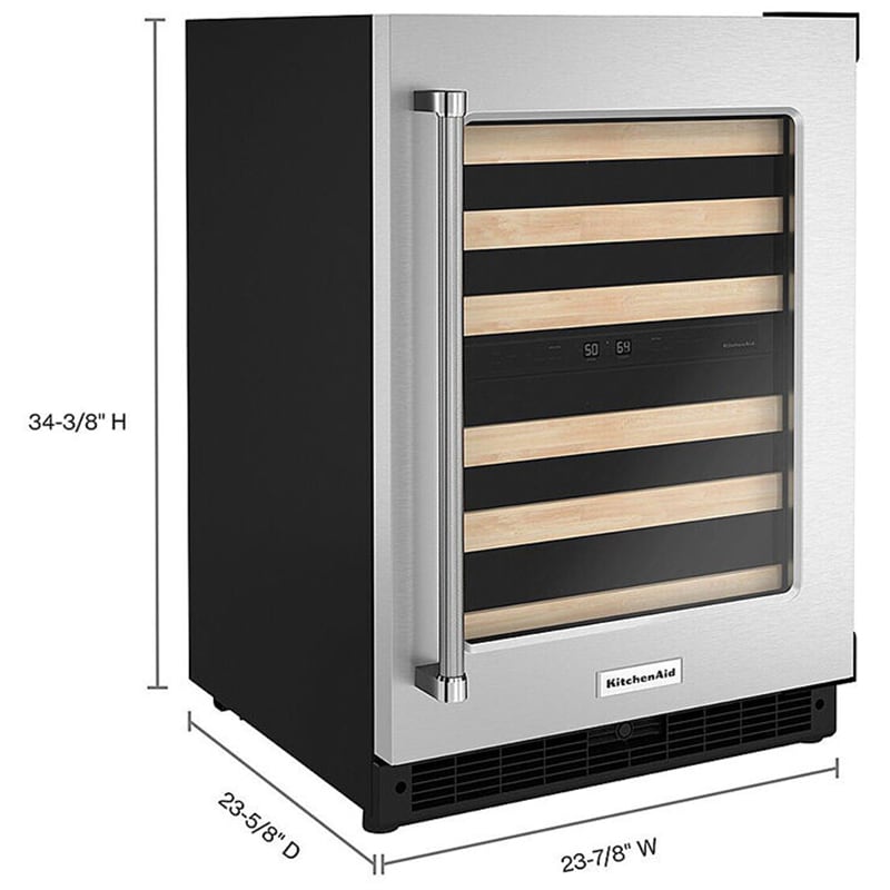 KitchenAid 24 in. Undercounter Wine Cooler with Wood Racks, Dual Temperature Zones & 46 Bottle Capacity - Stainless Steel, , hires