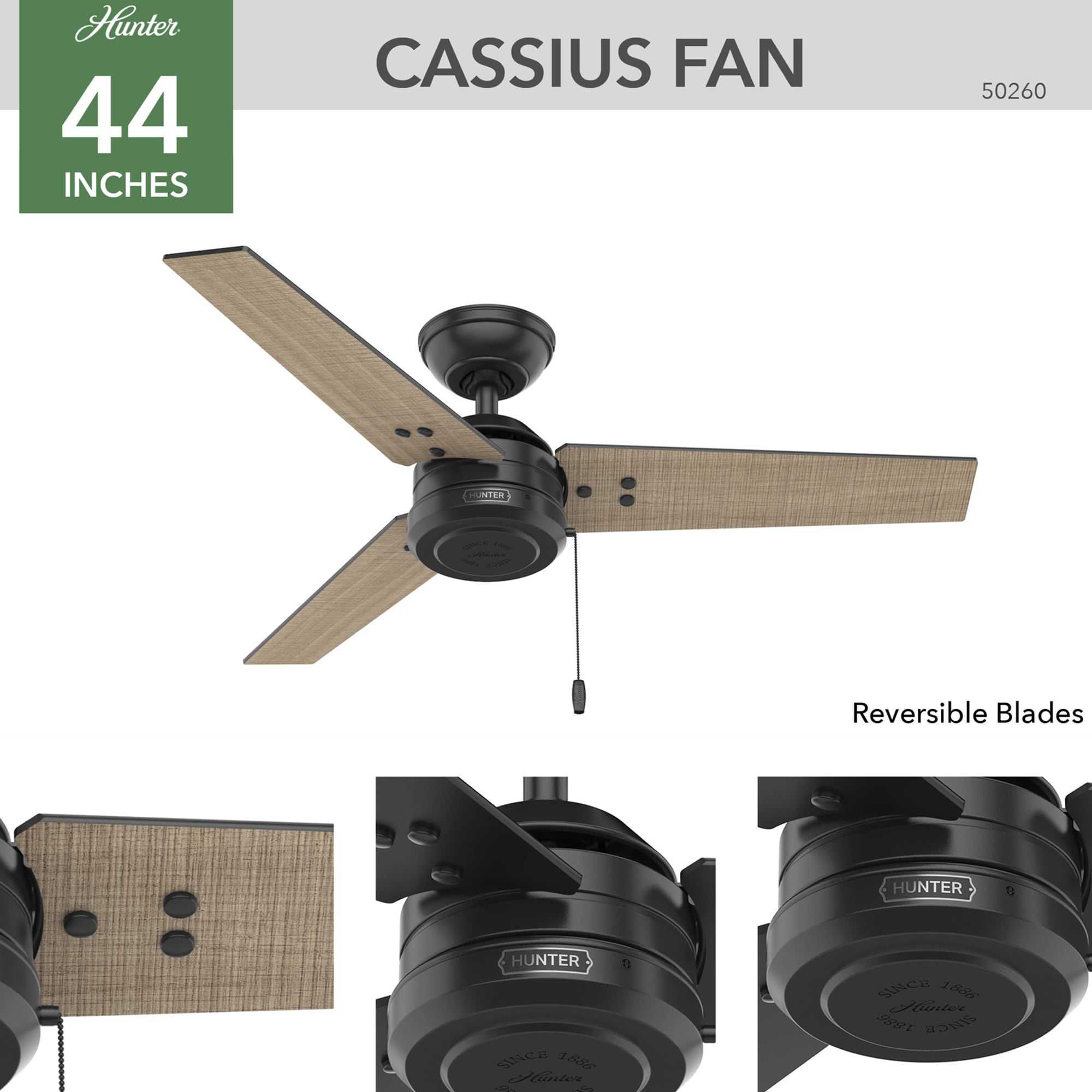 Hunter Cassius 44 in. Indoor/Outdoor Ceiling Fan - Matte Black, Matte Black, hires