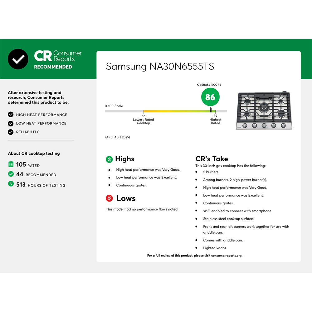 Samsung 30 in. 5-Burner Smart Natural Gas Cooktop with Griddle, Simmer Burner & Power Burner - Black Stainless, Black Stainless, hires