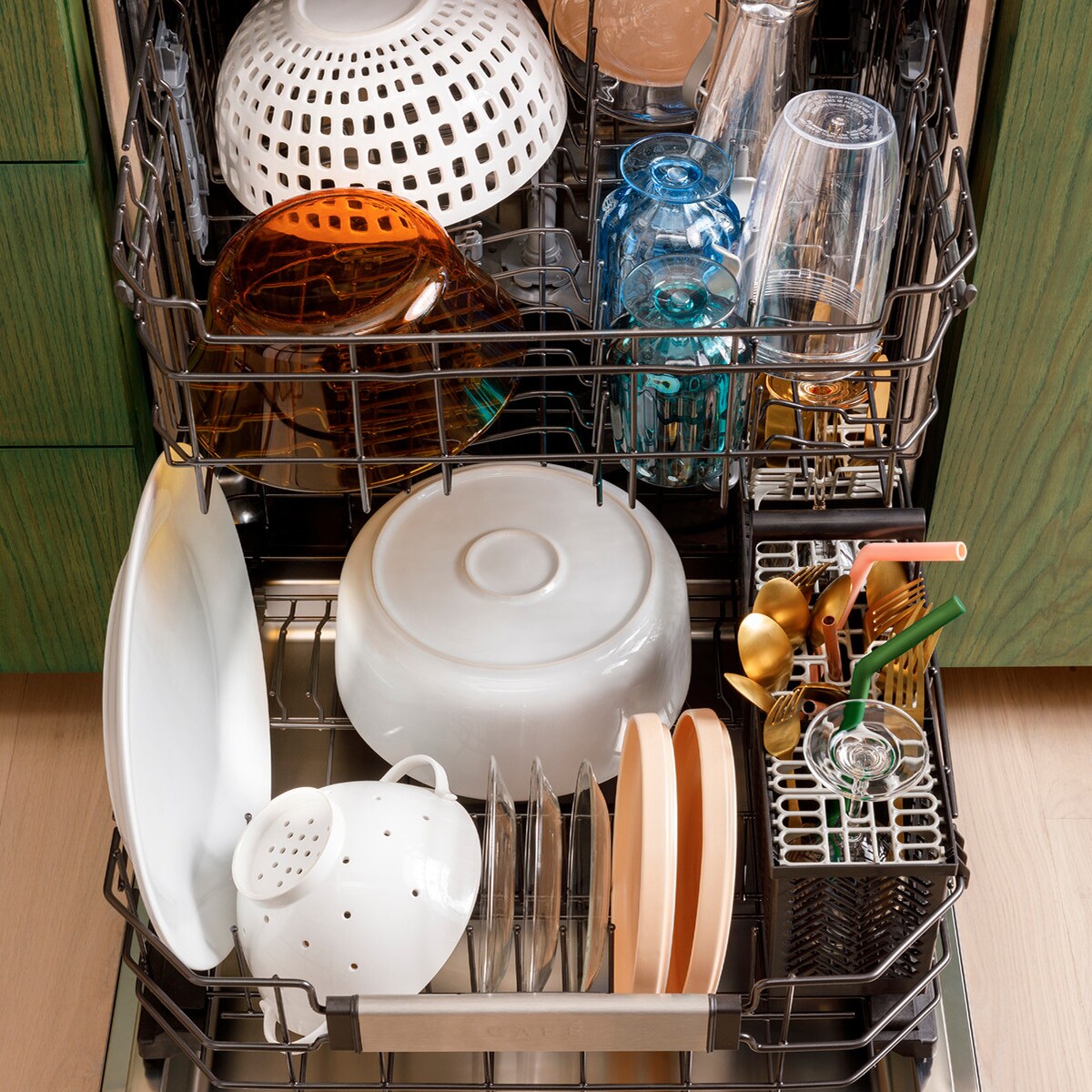 Cafe 24 in. Top Control Flush-Mount Smart Dishwasher with 39 dBa Sound Level, 3rd-Rack, Dual Convection Ultra Dry & Pocket Handle - Platinum Glass, , hires