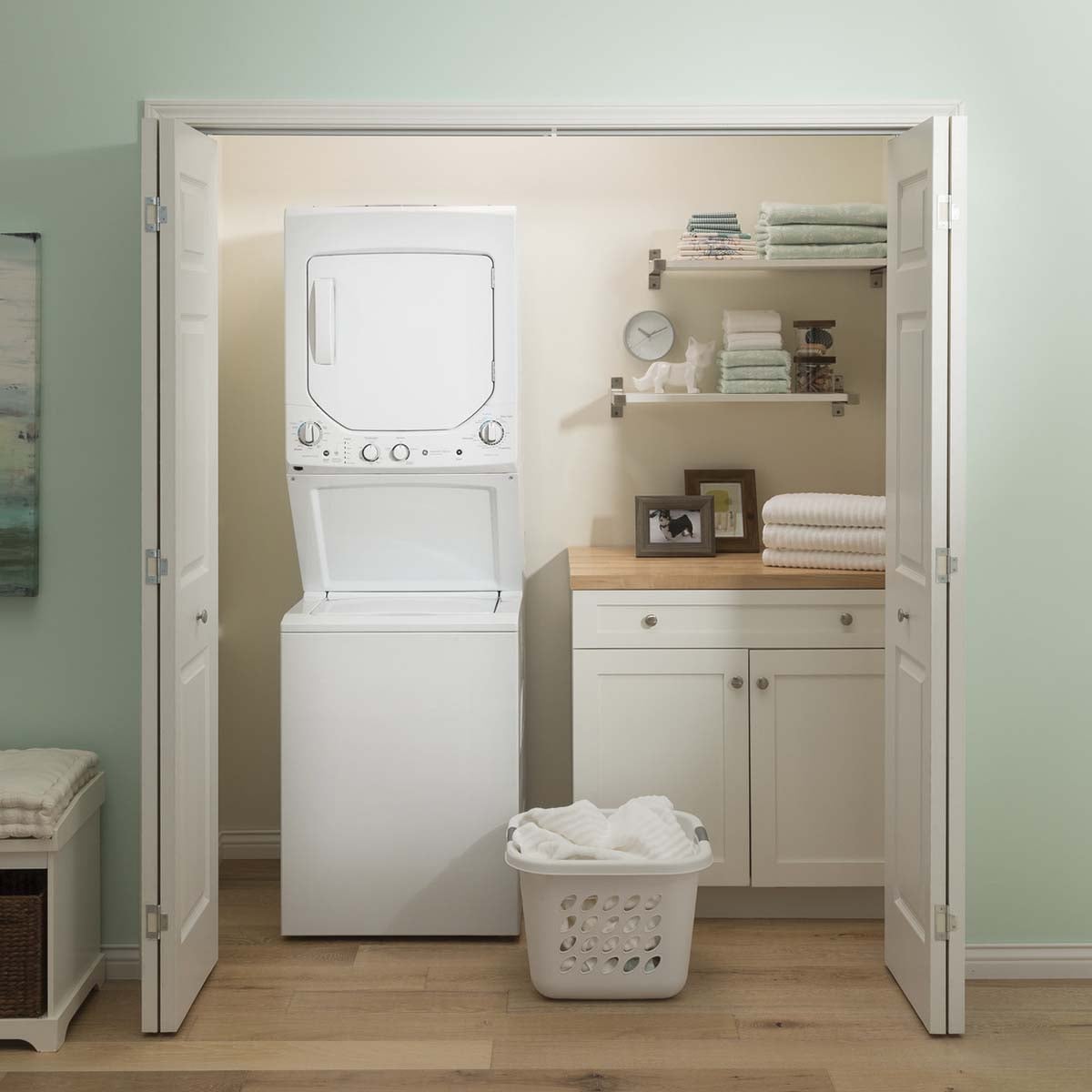 GE 24 in. Laundry Center with 2.3 cu. ft. Washer with 11 Wash Programs & 4.4 cu. ft. Gas Dryer with 4 Dryer Programs & Wrinkle Care - White, , hires