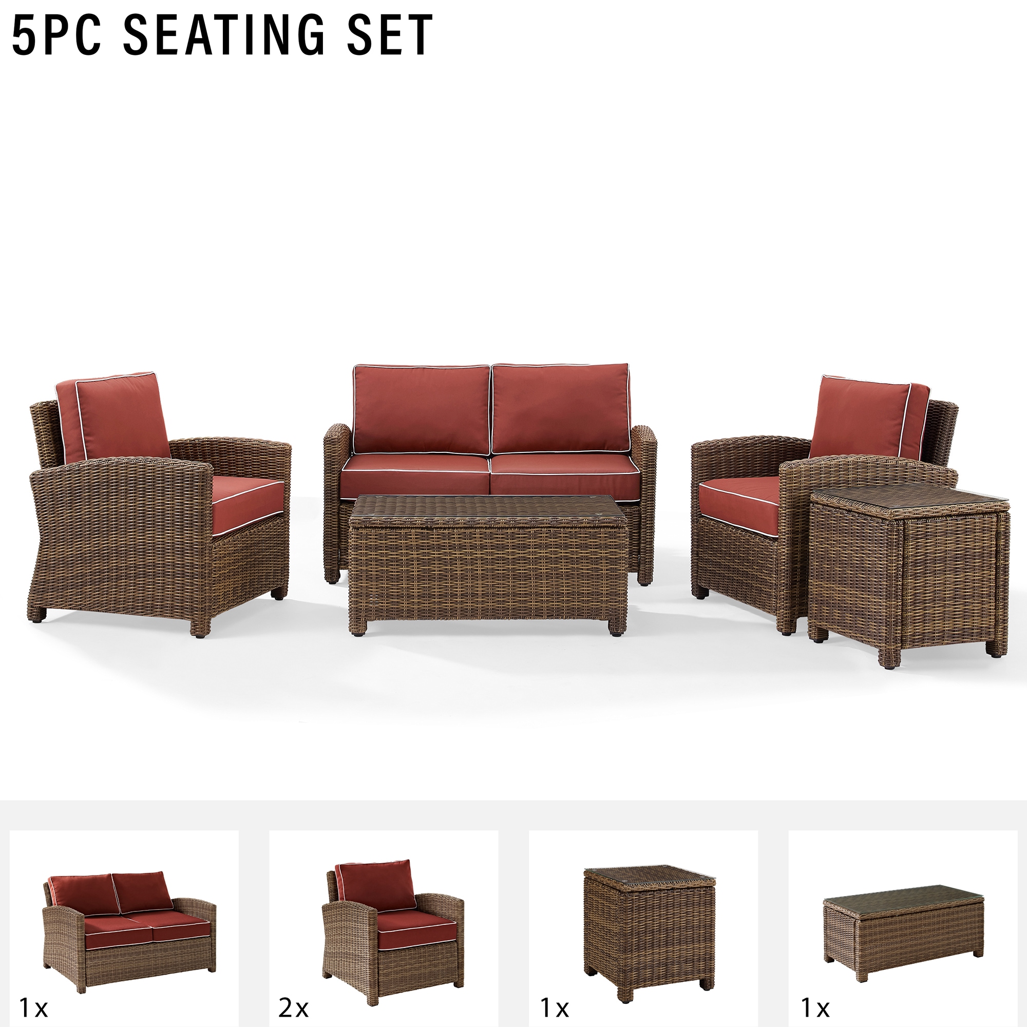 Crosley Bradenton 5 Piece Wicker Outdoor Conversation Set - Sangria, , hires
