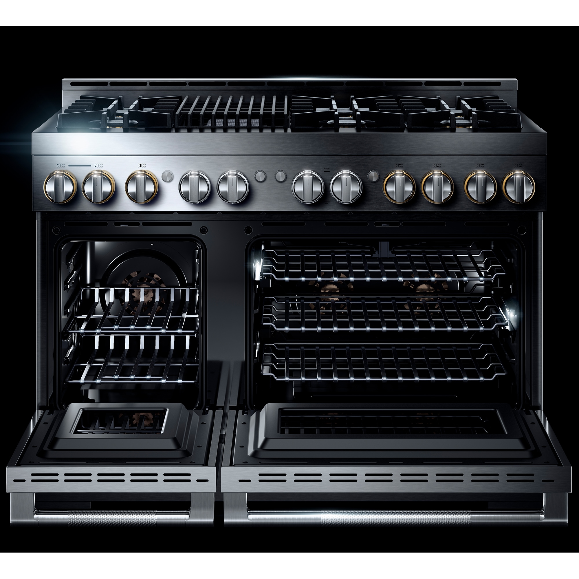 JennAir Rise Series 48 in. 6.3 cu. ft. Smart True European Convection Double Oven Gas Range with 6 Sealed Burners & Grill - Stainless Steel, , hires
