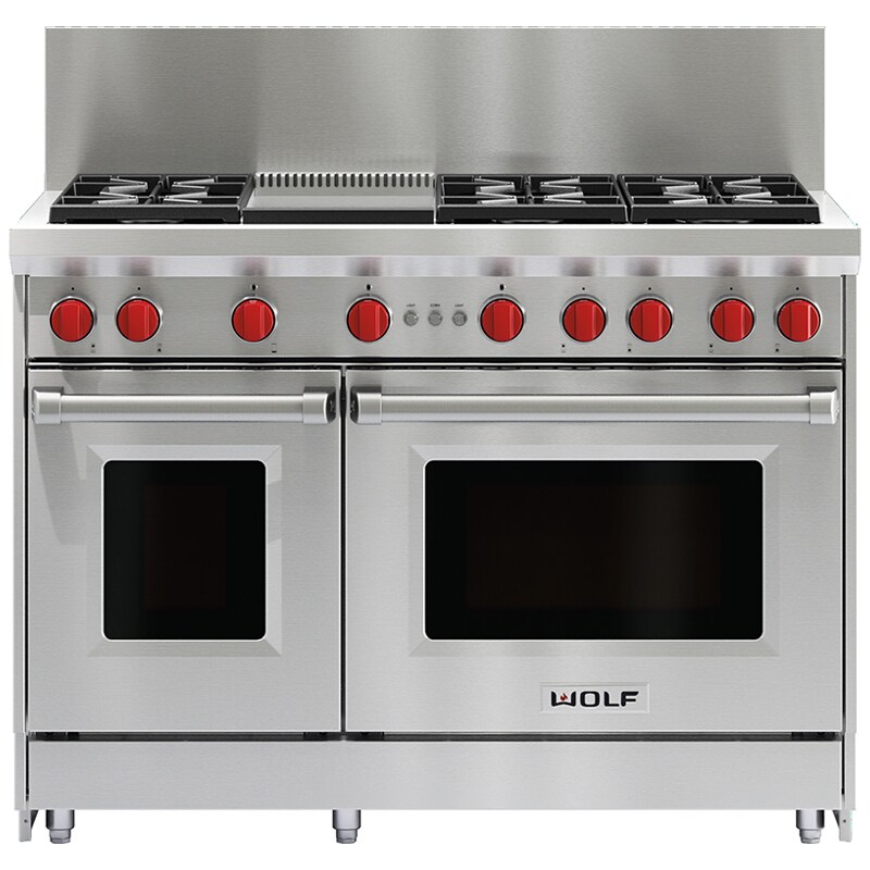 Wolf 48 in. 6.9 cu. ft. Standard Convection Double Oven Gas Range with 6 Sealed Burners & Griddle - Stainless Steel, , hires