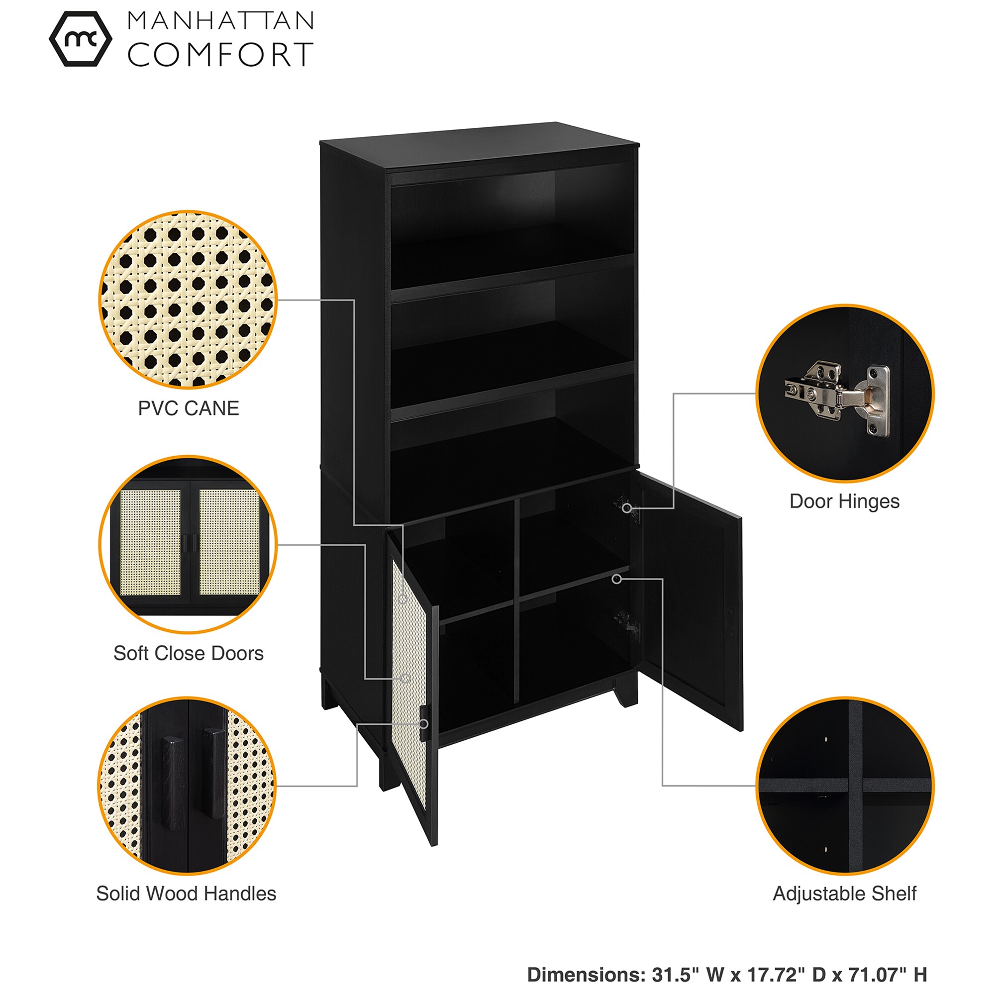 Manhattan Comfort Sheridan Modern Cane Bookcase with Adjustable Shelves - Black, , hires