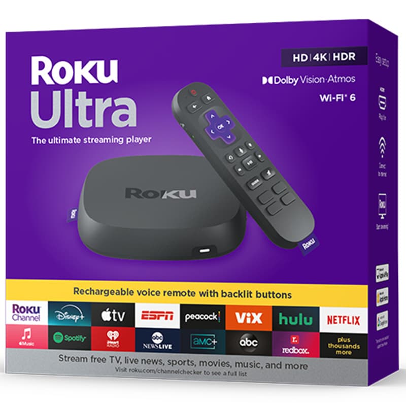 Roku Ultra 2024 | 4K/HDR10+/Dolby Vision & Atmos Streaming Device Rechargeable Backlit Voice Remote Pro Free & Live TV - Black, , hires