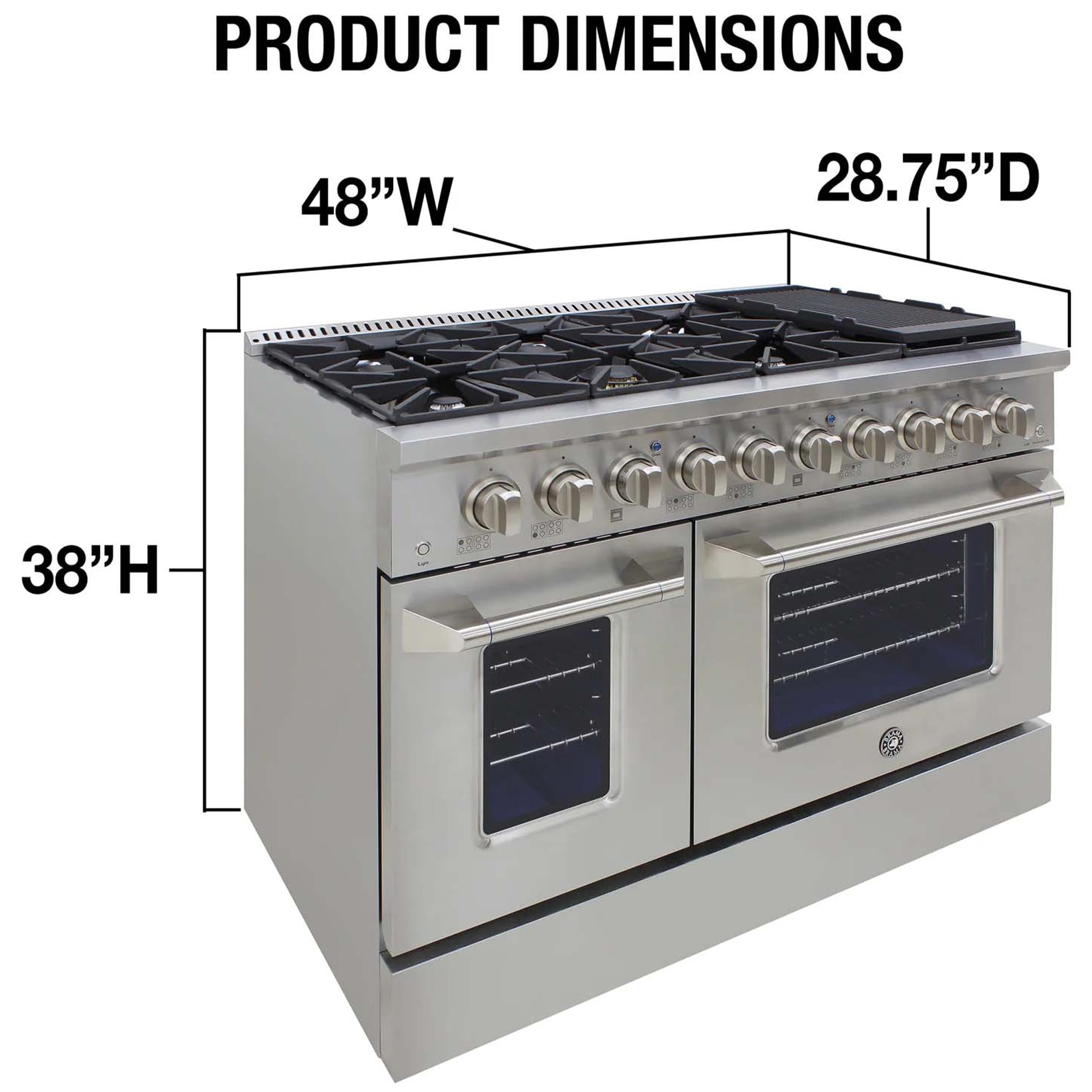 Brama 48 in. 6.7 cu. ft. Standard Convection Double Oven Dual Fuel Range with 8 Sealed Burners & Grill - Stainless Steel, , hires