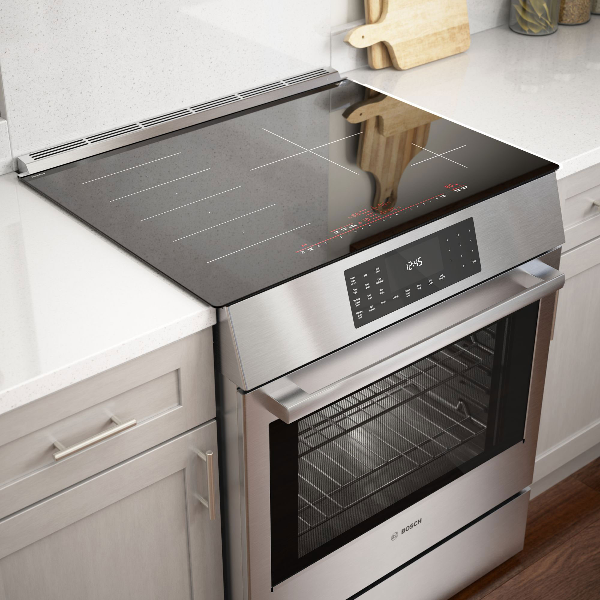 Bosch Benchmark Series 30 in. 4.6 cu. ft. True European Convection Slide-In Electric Range with 4 Induction Burners - Stainless Steel, , hires