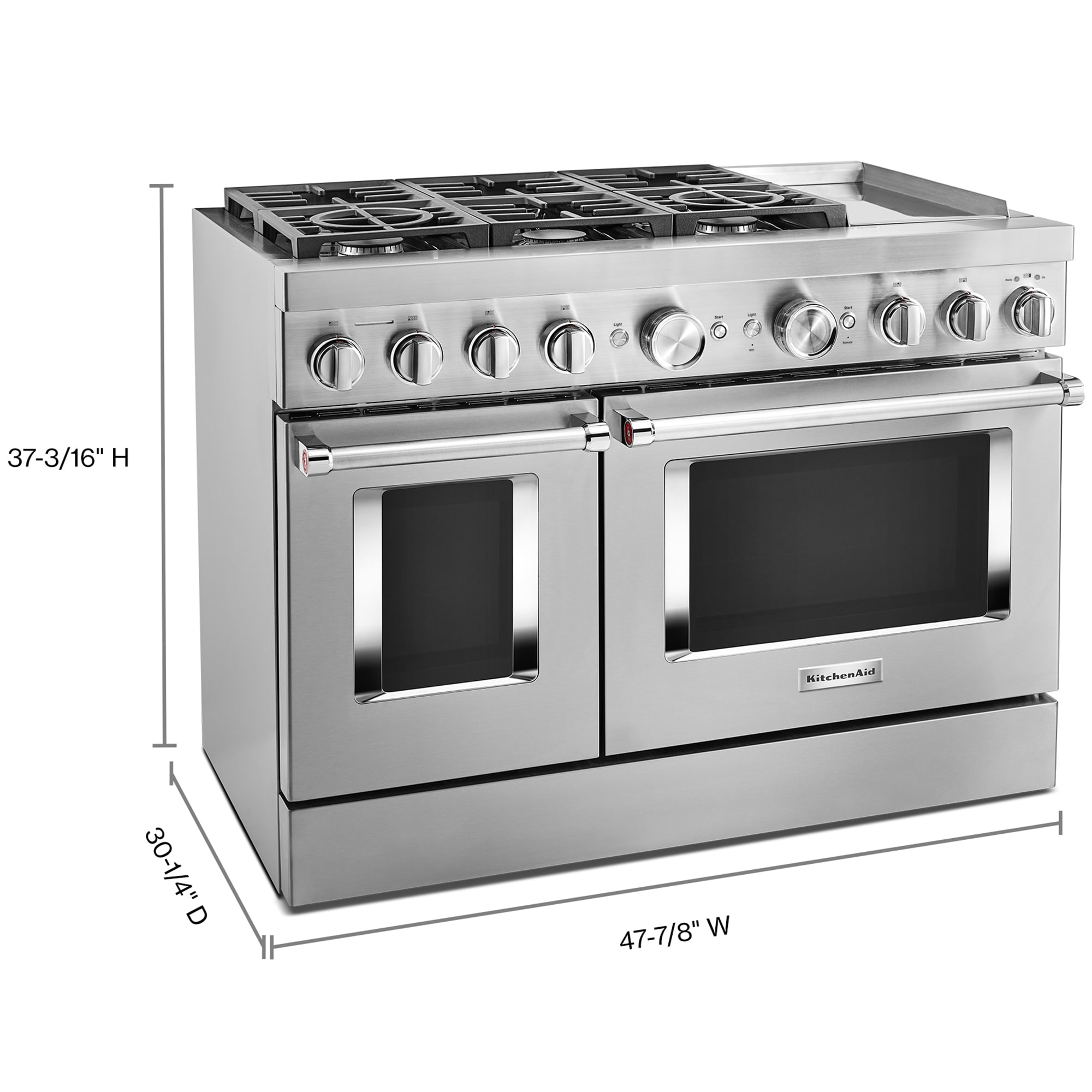 KitchenAid Commercial-Style 48 in. 6.3 cu. ft. Smart True European Convection Double Oven Dual Fuel Range with 6 Sealed Burners & Griddle - Stainless Steel, , hires