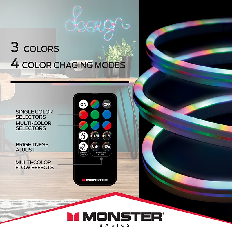 Monster Neon Flow Multi-Color LED Light Strip with USB Plug-in and Remote, 6.5 ft., , hires