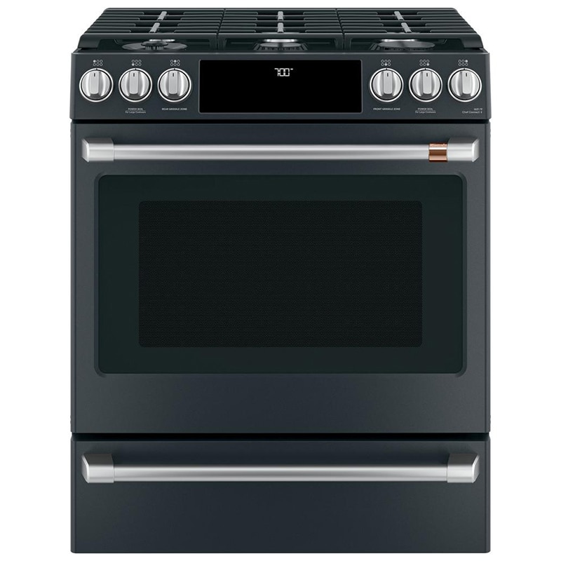 Cafe 30 in. 5.6 cu. ft. Smart Air Fry True European Convection Slide-In Gas Range with 6 Sealed Burners & Griddle - Matte Black, Matte Black, hires