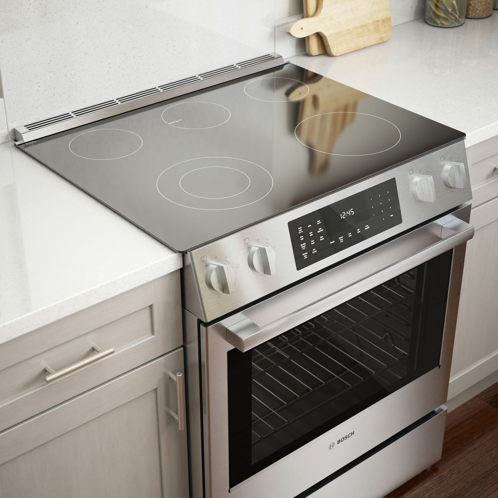 Bosch 800 Series 30 in. 4.6 cu. ft. True European Convection Slide-In Electric Range with Smoothtop Burners - Stainless Steel, , hires