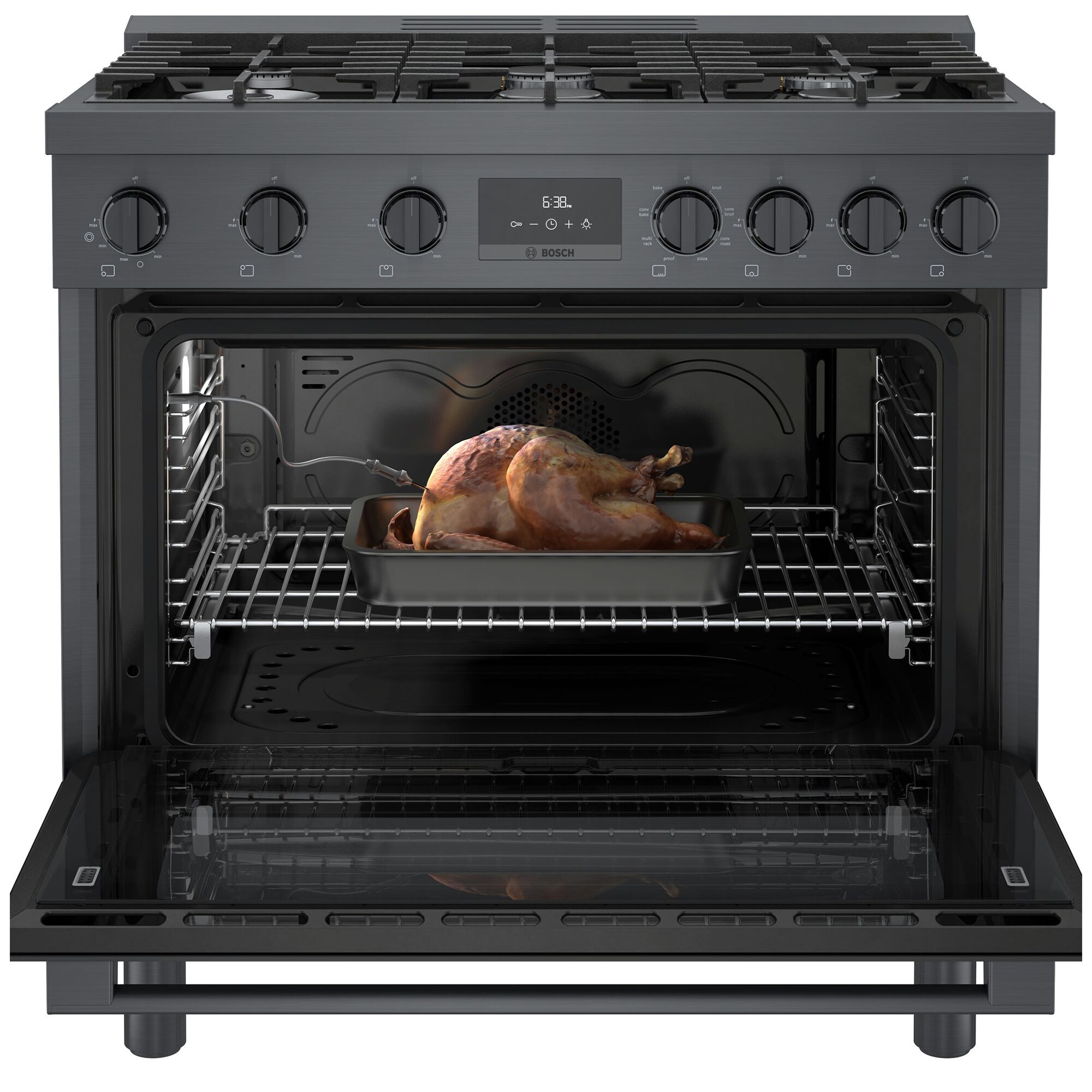Bosch 800 Series 36 in. 3.7 cu. ft. True European Convection Dual Fuel Range with 6 Sealed Burners - Black Stainless Steel, , hires