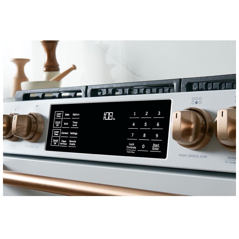 Cafe 30 in. 7 cu. ft. Smart Air Fry True European Convection Double Oven Slide-In Dual Fuel Range with 6 Sealed Burners & Griddle - Matte White, Matte White, hires