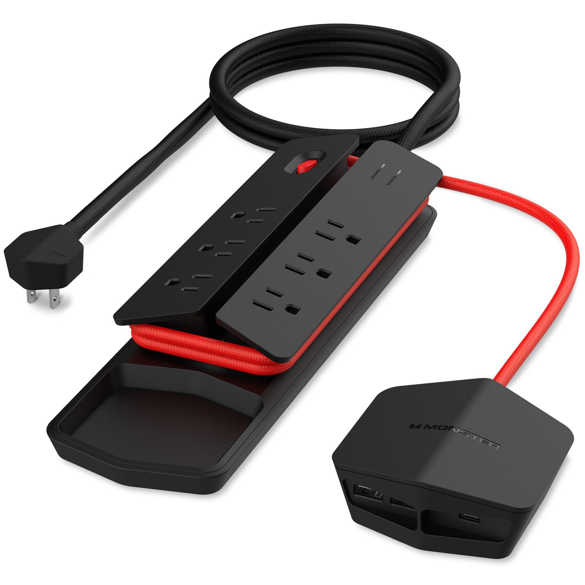 Monster Cable Power Center Vertex 6AC + 3 USB Hub (2.14amp 2 USB-A, 20W 1 USB-C) 6ft Cord 3000J Surge Protection - Black, , hires