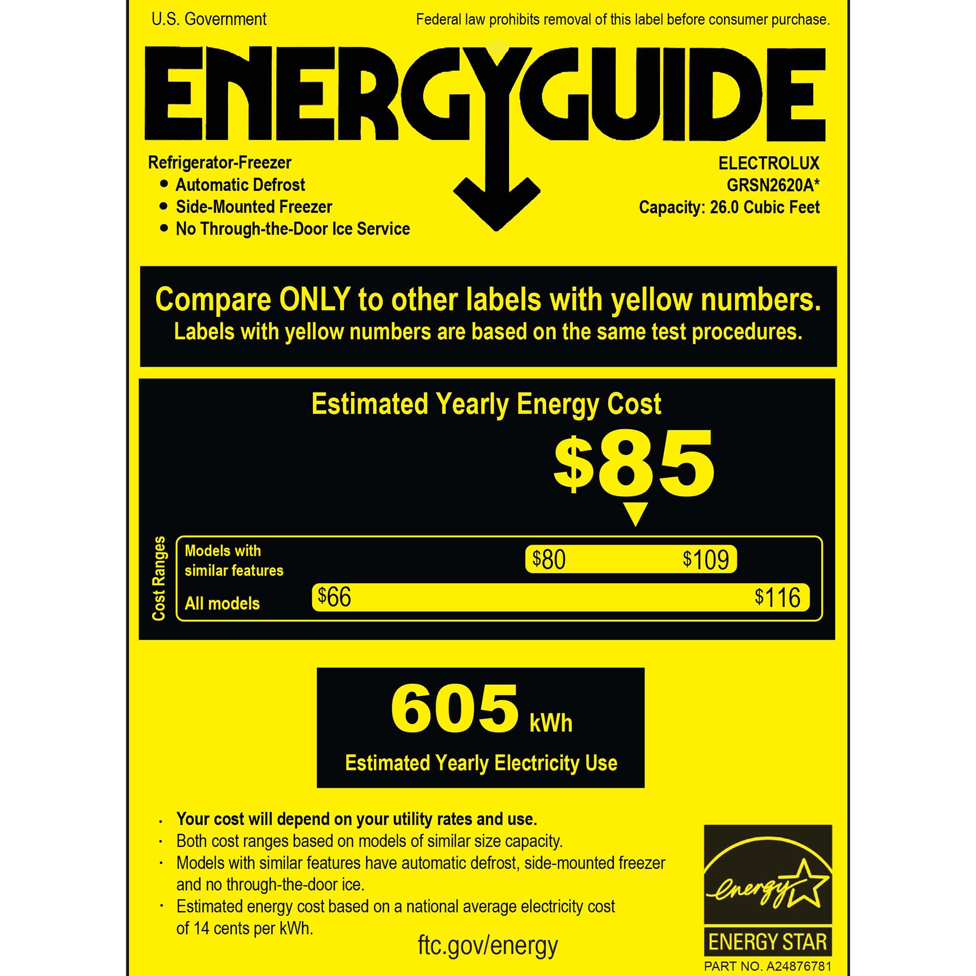 Frigidaire 36 in. 26 cu. ft. Side by Side Refrigerator withInternal Water Dispenser - Stainless Steel, , hires