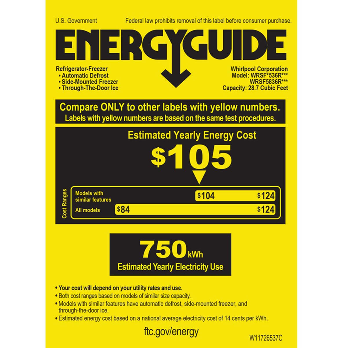 Whirlpool 36 in. 28.7 cu. ft. Side-by-Side Refrigerator with Ice & Water Dispenser - Black, Black, hires