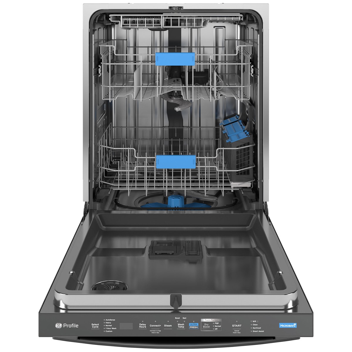 GE Profile 24 in. Top Control Flush-Mount Smart Dishwasher with 42 dBa Sound Level, 3rd-Rack & Twin Turbo Dry Boost - Fingerprint resistant Black Stainless, , hires