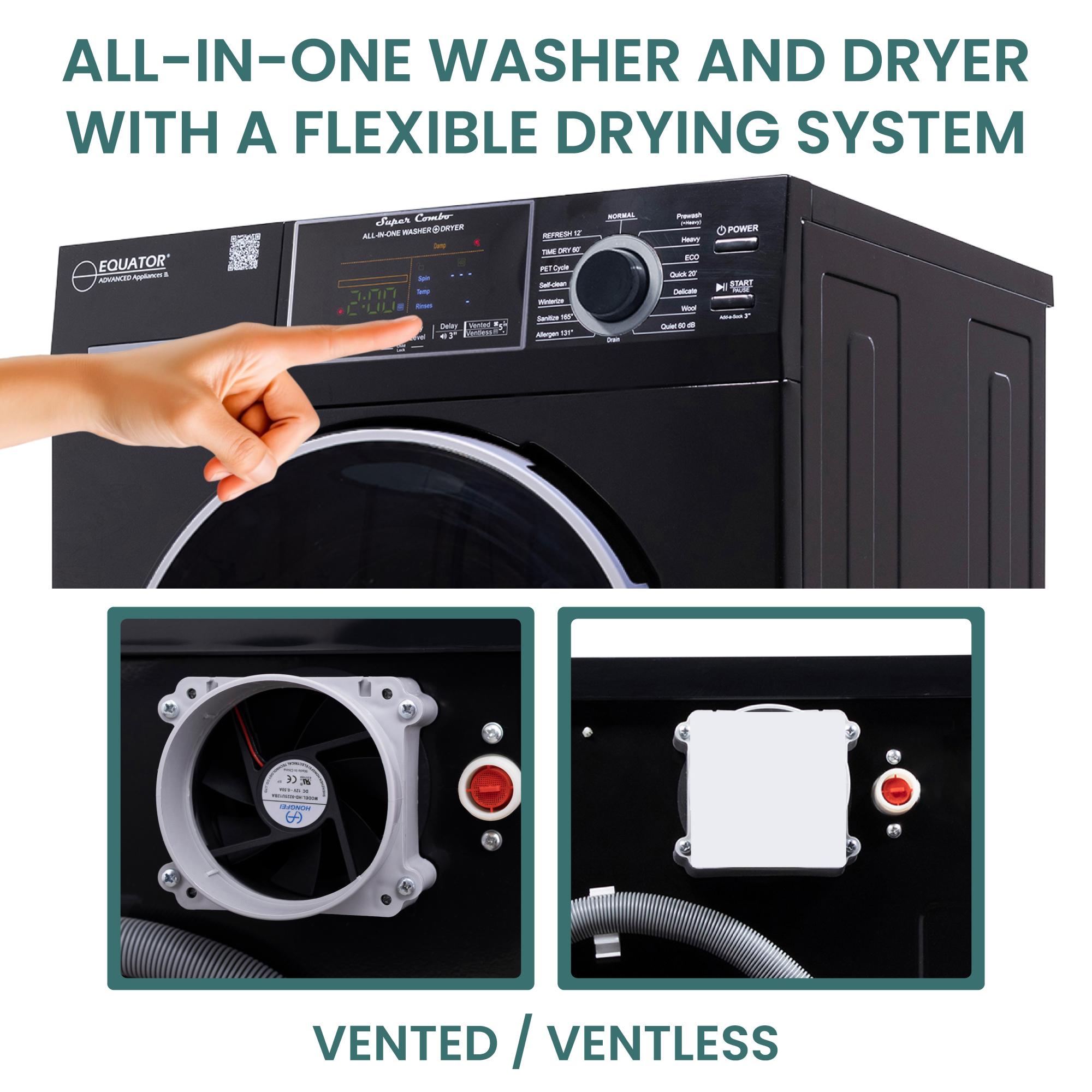 Equator 24 in. 1.6 cu. ft. Electric Front Load Vented/Ventless All-in-One Laundry Center with Pet Cycle, Sanitize Cycle & Sensor Dry - Black, Black, hires
