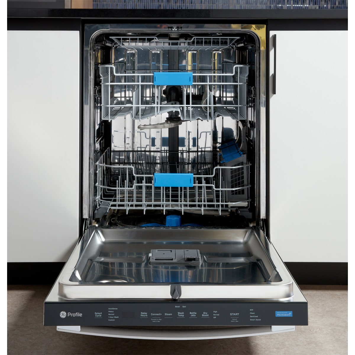 GE Profile 24 in. Top Control Flush-Mount Smart Dishwasher with 44 dBa Sound Level, 3rd-Rack, Dry Boost & Pocket Handle - Fingerprint Resistant Stainless, , hires