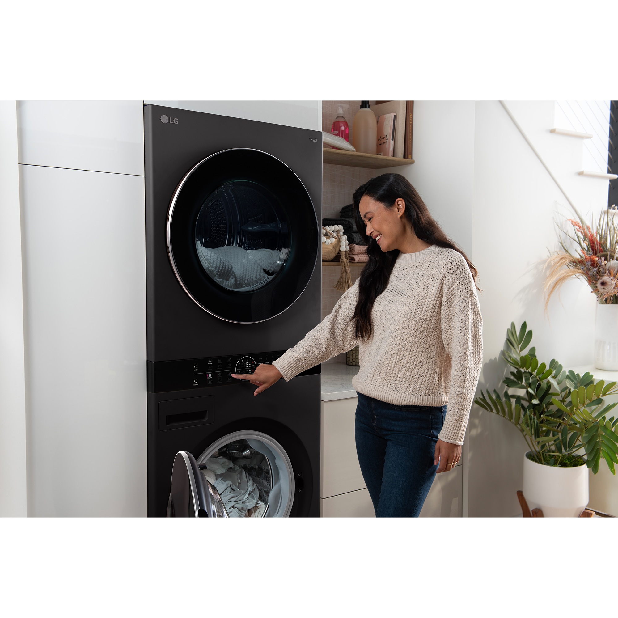 LG 27 in. 5.0 cu. ft. Smart Electric Front Load Ventless WashTower with Heat Pump, Center Control, AI Sensor Dry, Sanitize & Steam Cycle - Black Steel, , hires