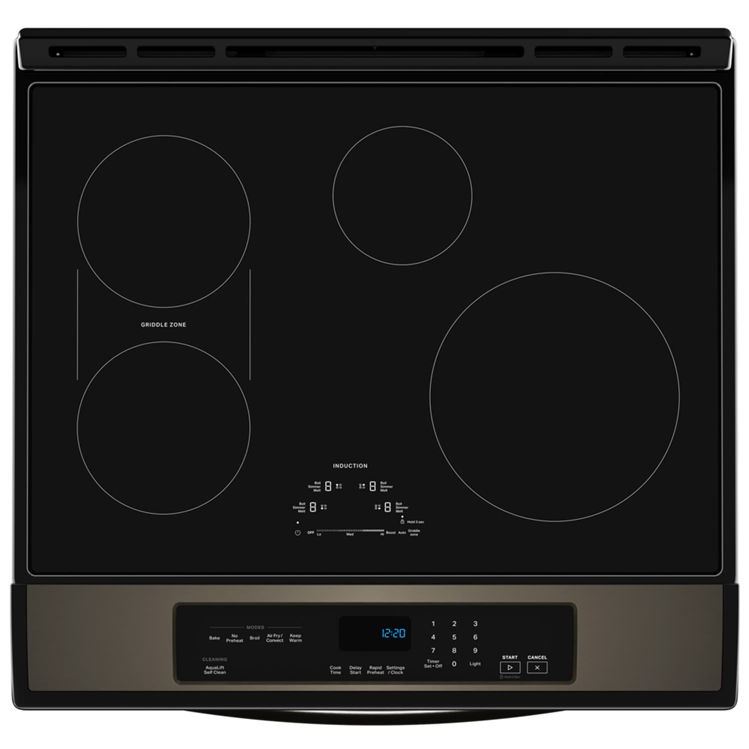 Whirlpool 30 in. 6.4 cu. ft. Air Fry True European Convection Slide-In Electric Range with 4 Induction Burners - Black Stainless, Black Stainless, hires