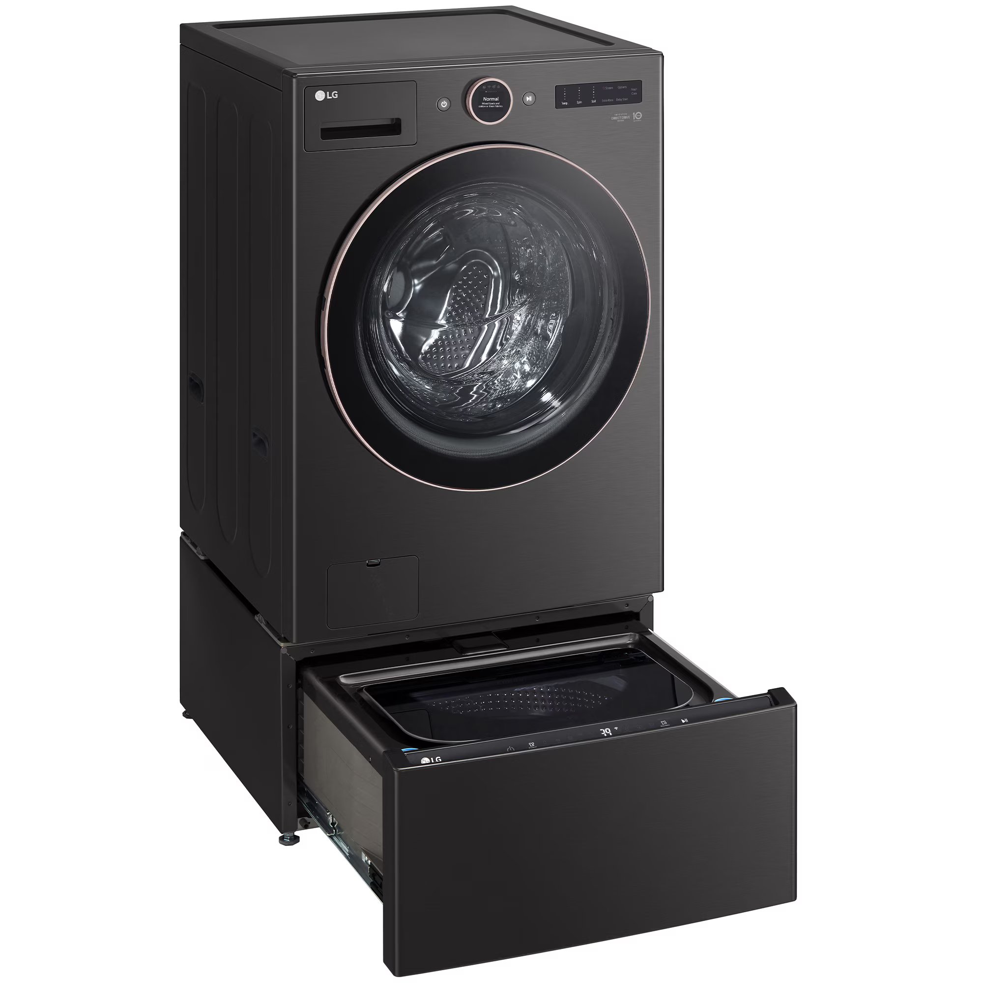LG 27 in. 5.0 cu. ft. Smart Stackable Front Load Washer with AI DD Built-In Intelligence, TurboWash 360 Technology, Allergiene, Sanitize & Steam Wash Cycle - Black, Black Steel, hires