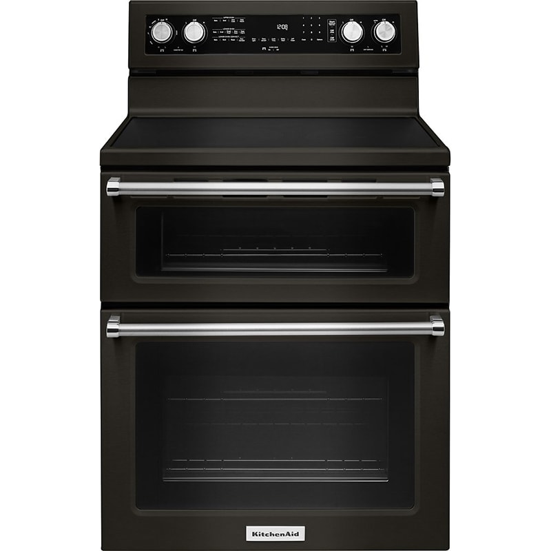 KitchenAid 30 in. 6.7 cu. ft. True European Convection Double Oven Electric Range with Radiant Burners - Black Stainless Steel with PrintShield Finish, , hires