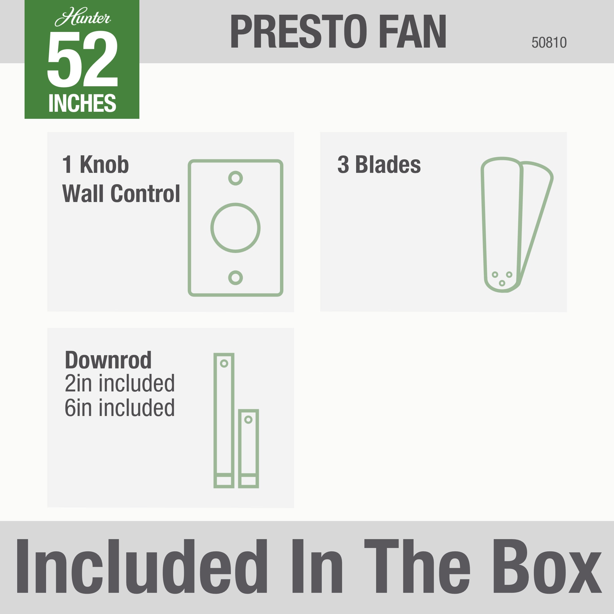 Hunter 52" Presto Ceiling Fan and Wall Control - Matte Black, Matte Black, hires