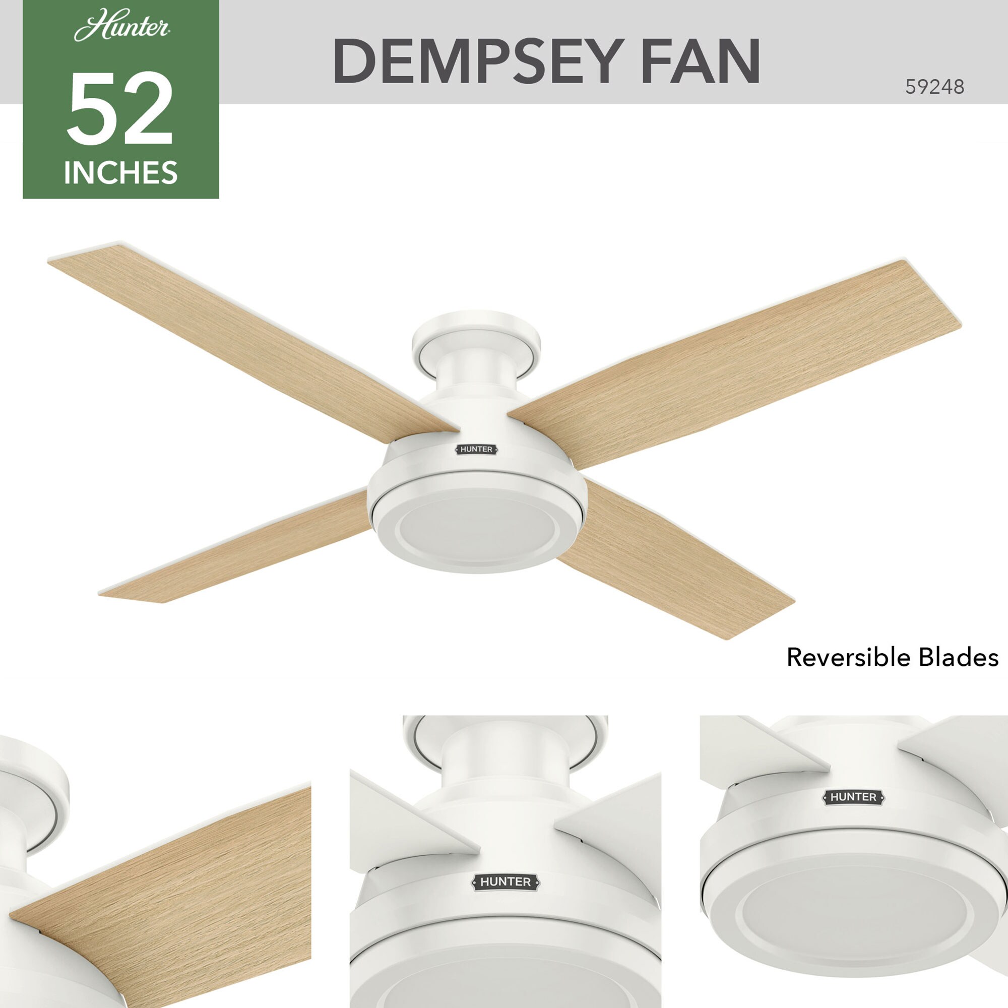 Hunter 52 inch Dempsey Low Profile Ceiling Fan and Handheld Remote - Fresh White, White, hires