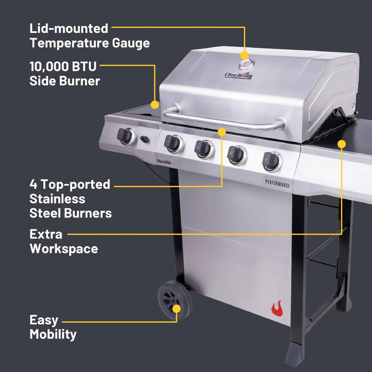 Char-Broil Performance Series 4-Burners LP Gas Grill with Electronic Ignition System & Side Burner - Stainless Steel, , hires