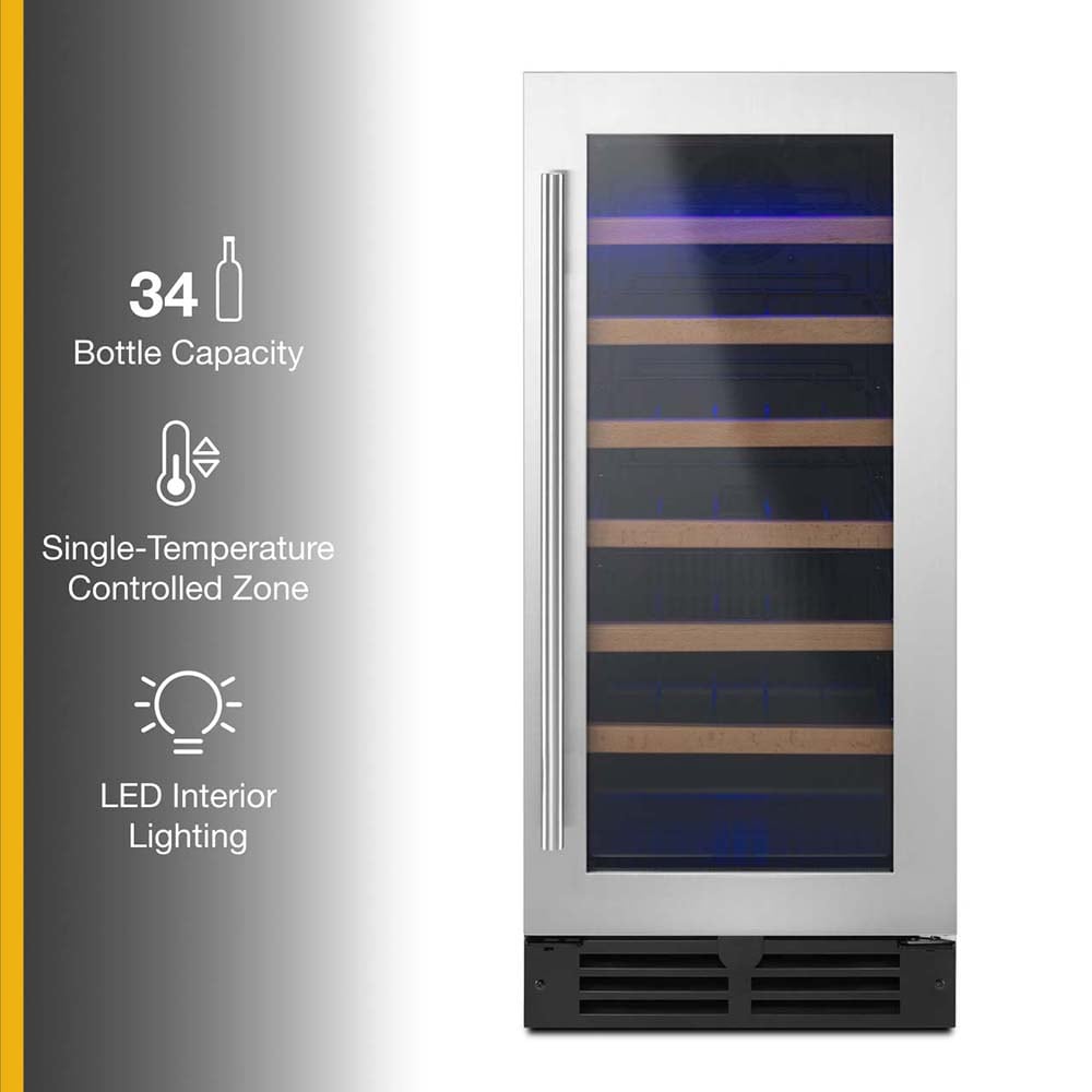 Whirlpool 15 in. Undercounter Wine Cooler with Wood Racks, Single Temperature Zone & 34 Bottle Capacity - Stainless Steel, , hires
