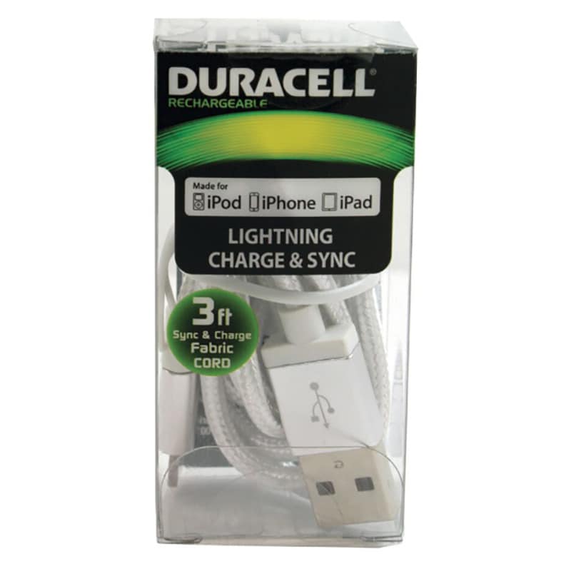 Duracell 3' Braided MFI Lightning USB Cable - White, White, hires