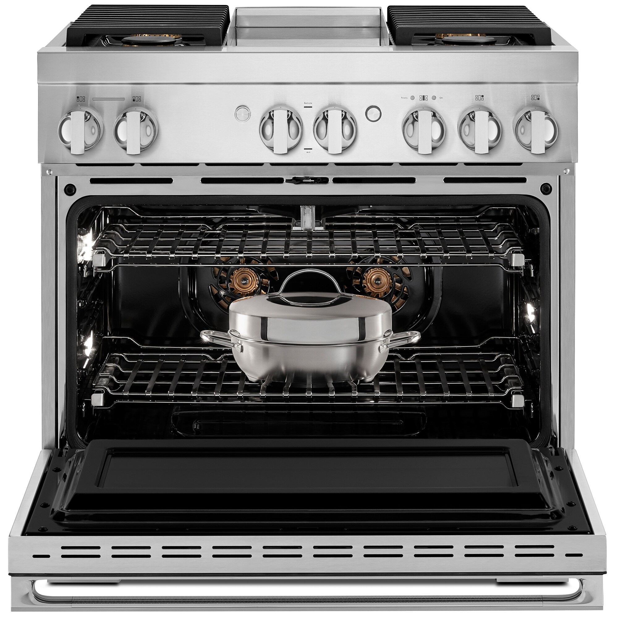 JennAir Noir Series 36 in. 5.1 cu. ft. Smart True European Convection Dual Fuel Range with 4 Sealed Burners & Griddle - Stainless Steel, , hires