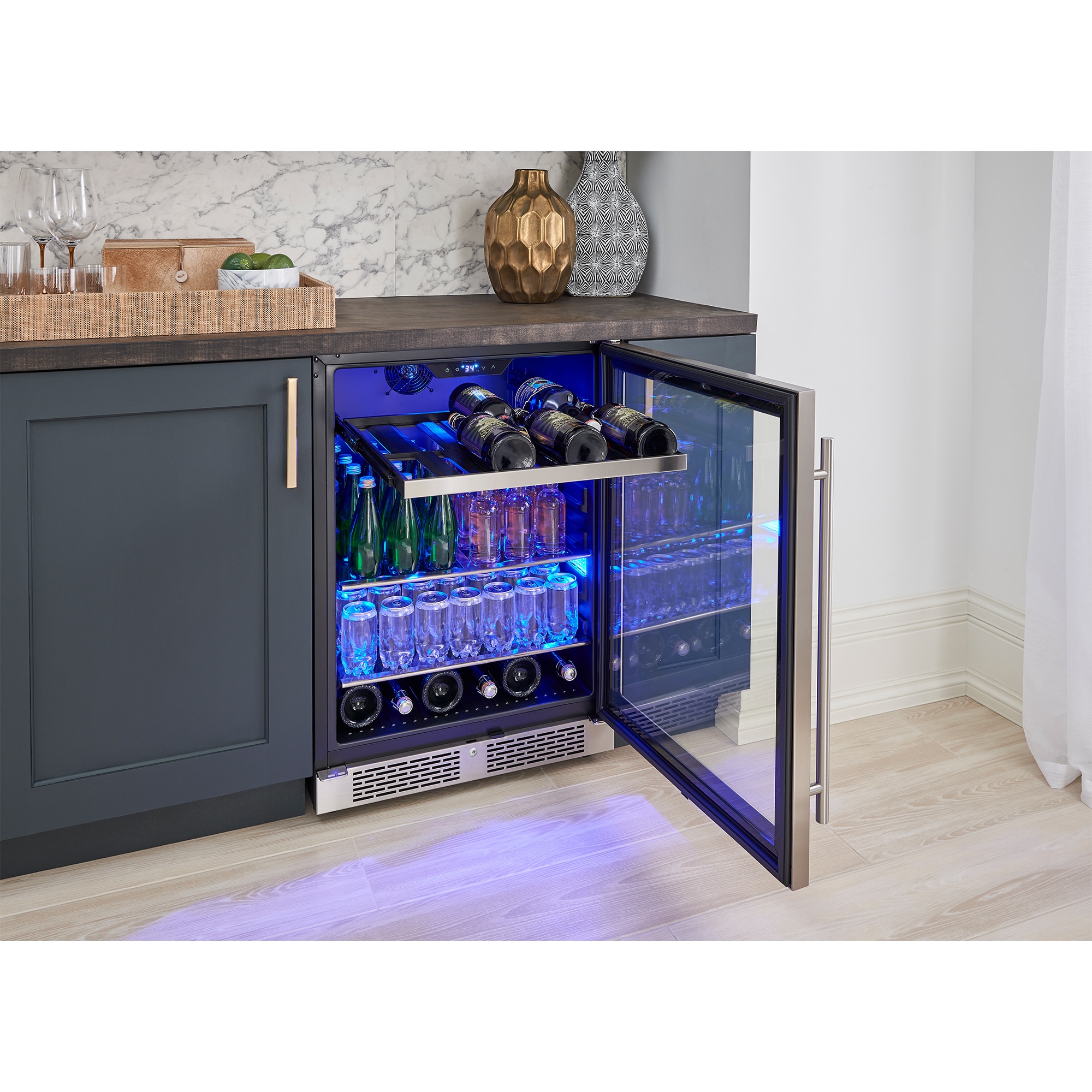 Zephyr Presrv Series 24 in. Built-In/Freestanding 5.1 cu. ft. Compact Beverage Center with Adjustable Shelves & Digital Control - Stainless Steel, , hires