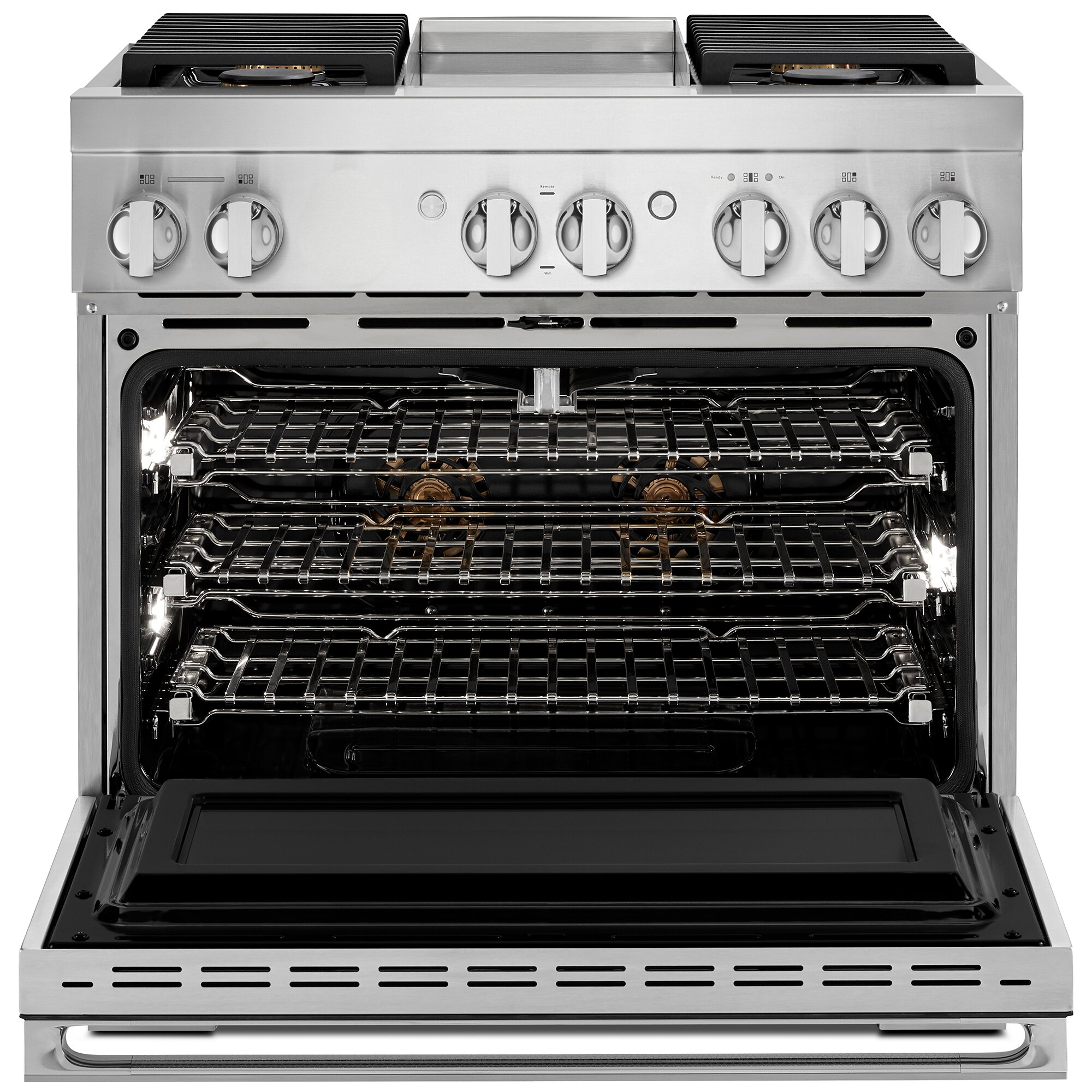 JennAir Noir Series 36 in. 5.1 cu. ft. Smart True European Convection Dual Fuel Range with 4 Sealed Burners & Griddle - Stainless Steel, , hires