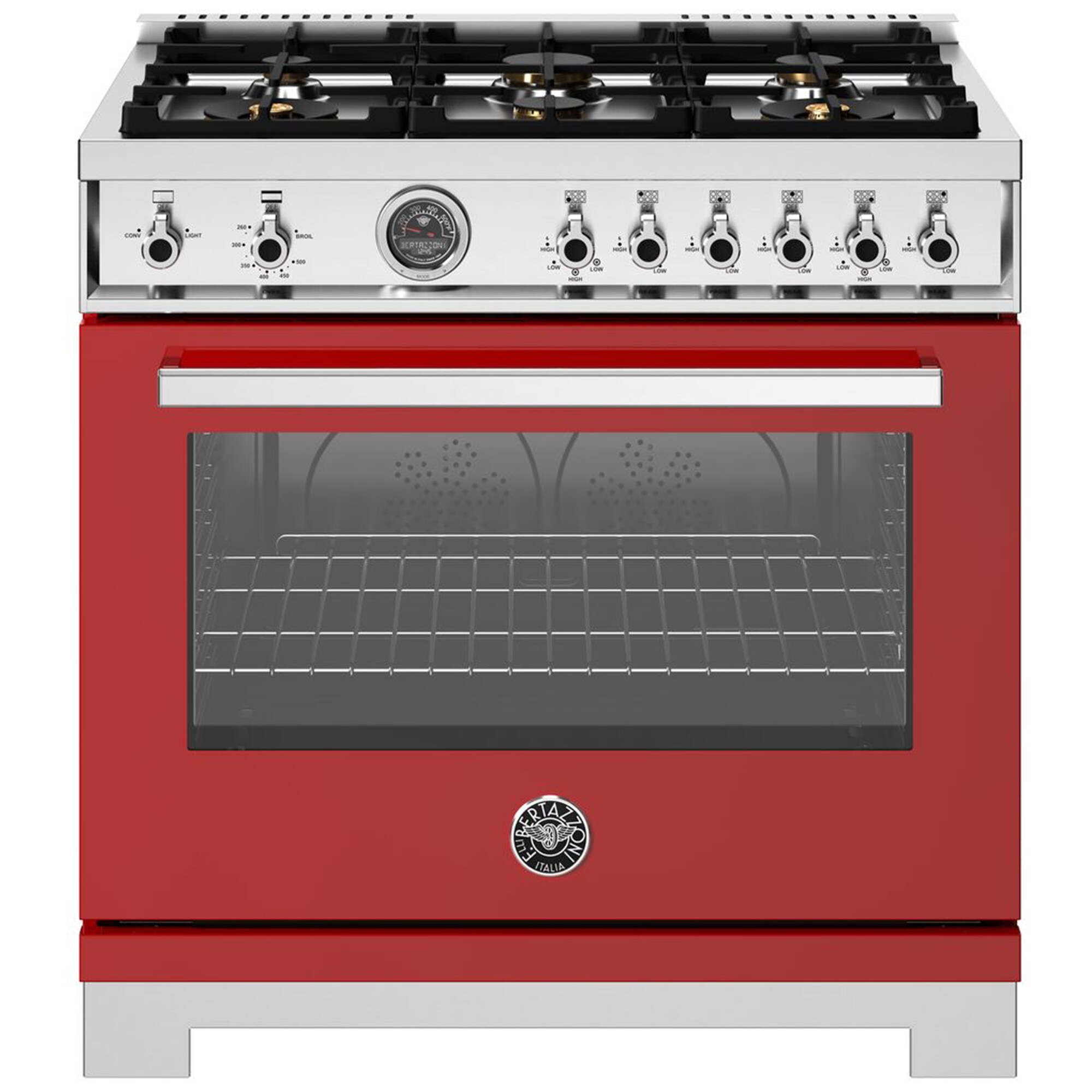 Bertazzoni Professional Series 36 in. 5.9 cu. ft. Dual Convection Gas Range with 6 Sealed Burners & Griddle - Red, Red, hires