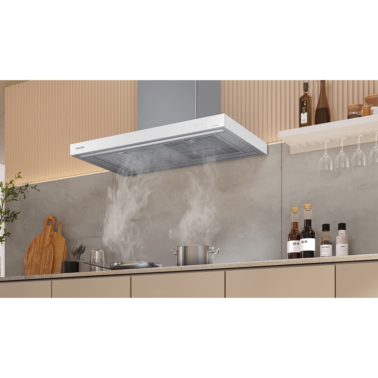 Samsung 36 in. Smart Convertible Chimney Style Range Hood with 630 CFM, 4 Fan Speed & 1 LED Light - Clean Gray, Gray, hires