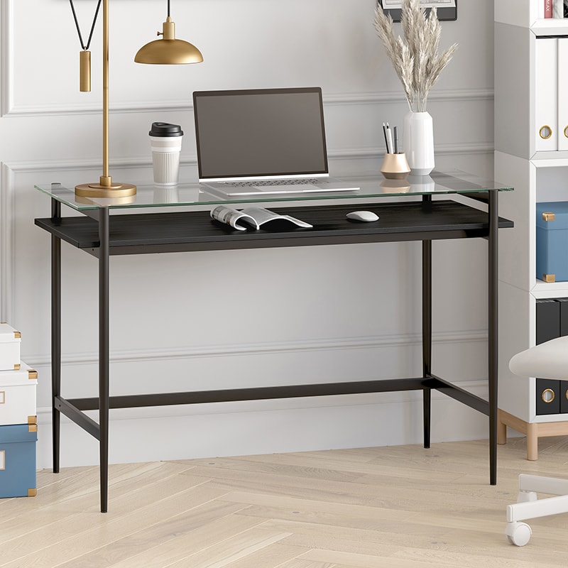 Hudson & Canal Computer Desk/Workcenter OF0645 - Black Metal and Glass, , hires