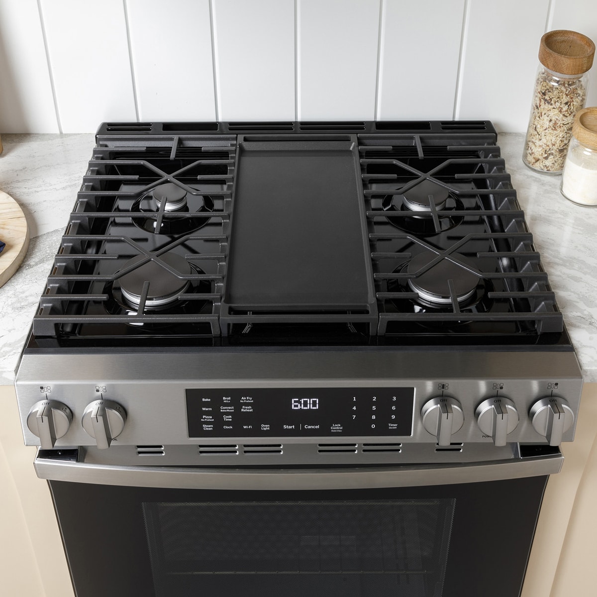 GE 30 in. 5.3 cu. ft. Smart Air Fry Standard Convection Slide-In Gas Range with 5 Sealed Burners & Griddle - Slate, , hires
