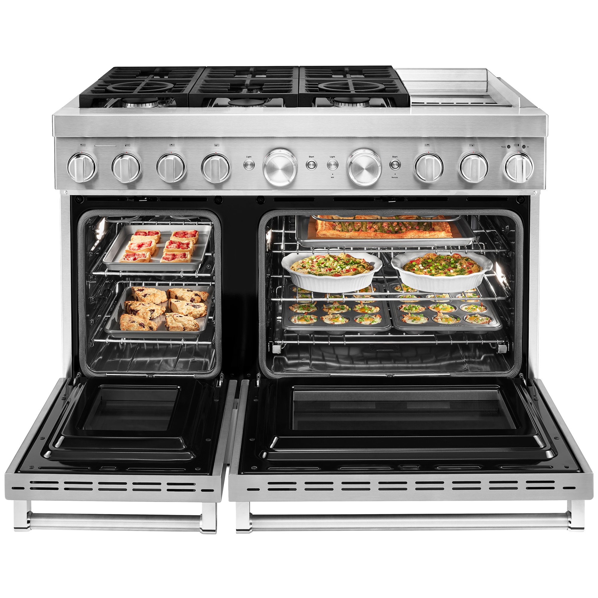 KitchenAid Commercial-Style 48 in. 6.3 cu. ft. Smart True European Convection Double Oven Dual Fuel Range with 6 Sealed Burners & Griddle - Stainless Steel, , hires