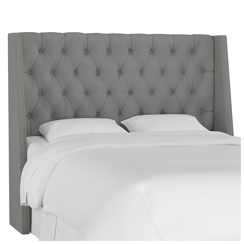 Skyline King Nail Button Tufted Wingback Headboard in Linen - Grey, Grey, hires